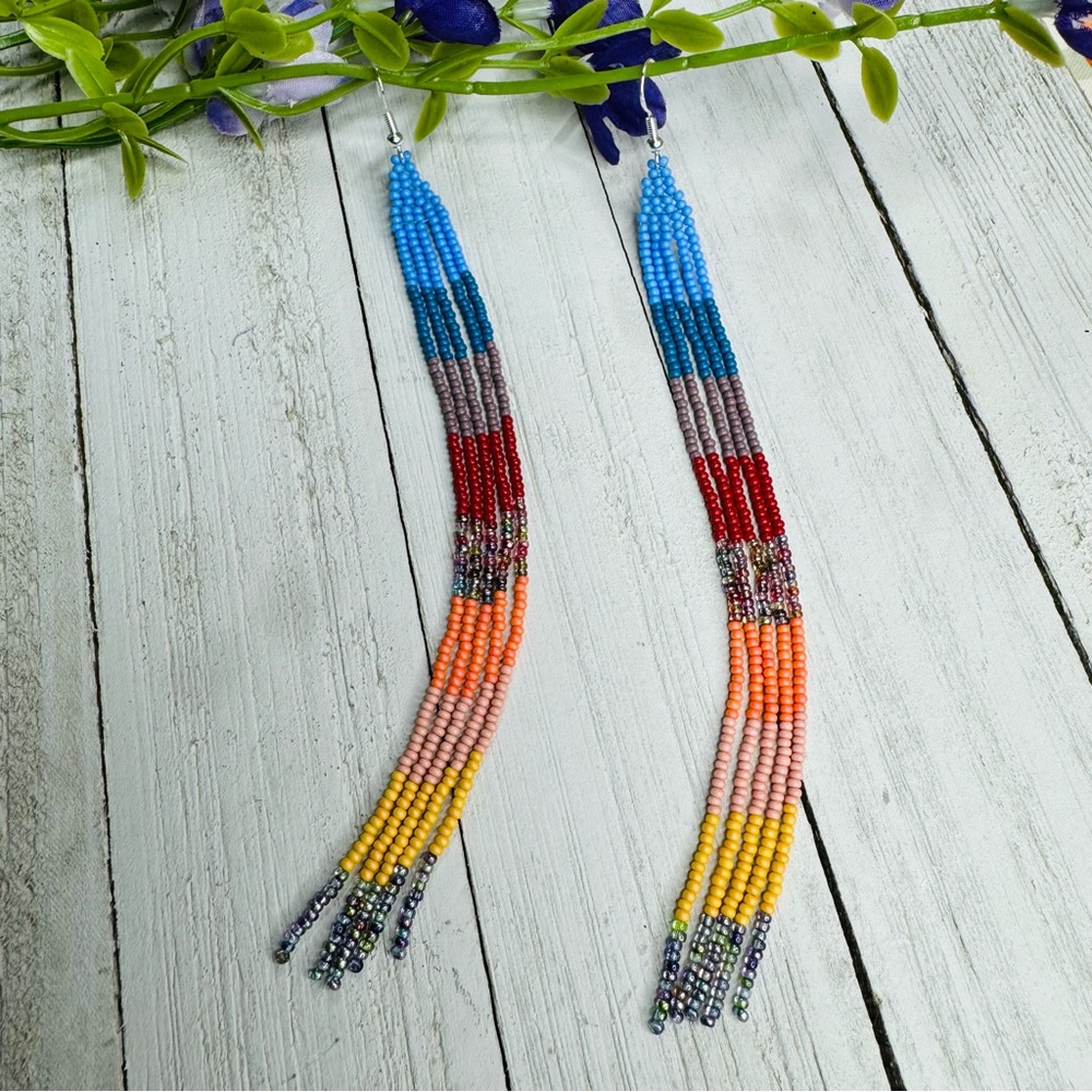 Long Seed Beaded Earrings Native American Themed Beaded Jewelry 6" Long Colorful - Picture 3 of 3